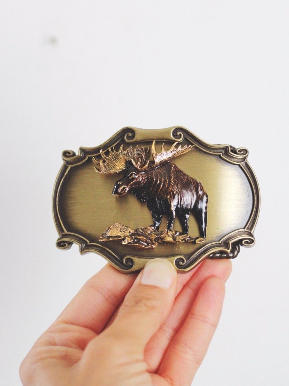 Vintage 1980 Raintree Moose Belt Buckle Brass Western Wildlife Collectible Acces